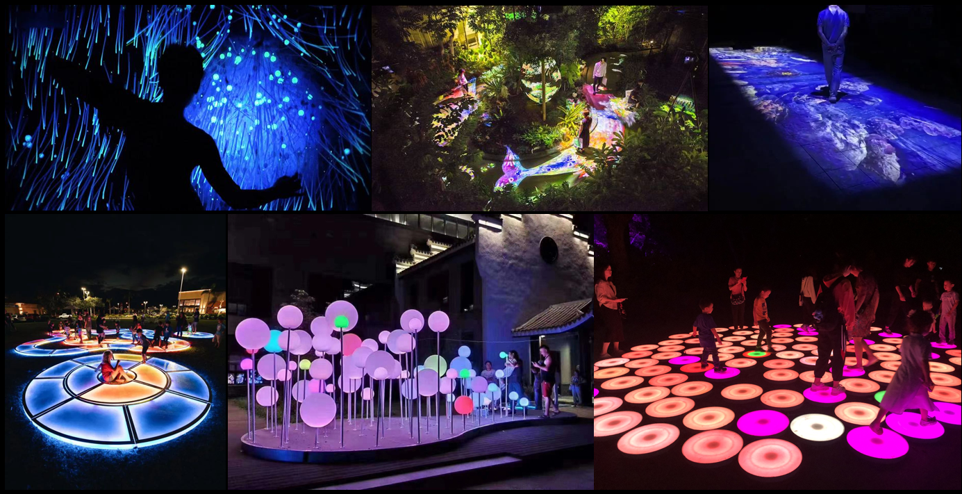 Outdoor waterproof water screen projection and forest light trail installation in a scenic park.